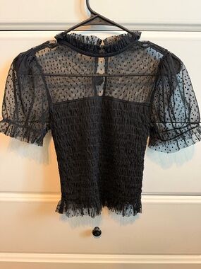 🖤 Windsor Black Sheer Mesh Lace Top Small Puff Sleeve Smocked Blouse